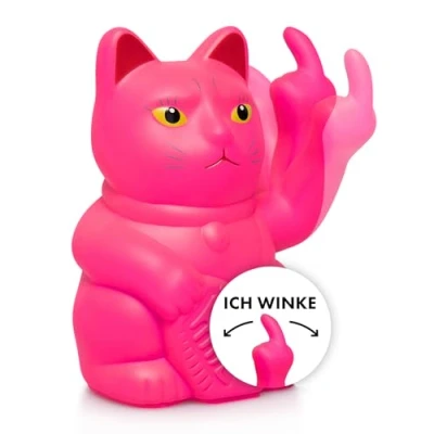 Abbildung von ANGRY CAT Winkekatze Lucky Lustige winkende Katze japanische Winkkatze mit Stinkefinger Dekoartikel Wackelfigur Winke Arm Mittelfinger 15cm NEON PINK