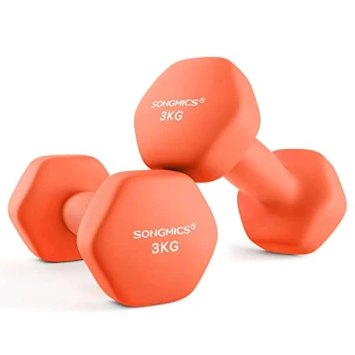 Abbildung von SONGMICS Hanteln, 2er Set, 2 x 3 kg, Hantelset, Kurzhanteln, Hexagon, Neopren Beschichtung, Krafttraining, Workout, Fitnesstraining, für Zuhause, papayaorange SYL906O01