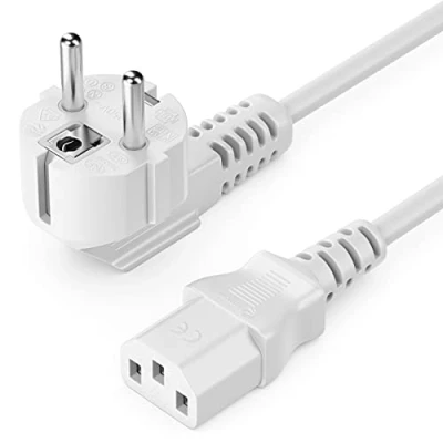 Abbildung von deleyCON 2m Kaltgerätekabel Netzkabel Stromkabel Schutzkontakt Stecker Typ F (CEE 7/4) 90 Gewinkelt auf Kaltgerätekupplung C13 Buchse PC Computer Monitor Drucker Beamer Weiß