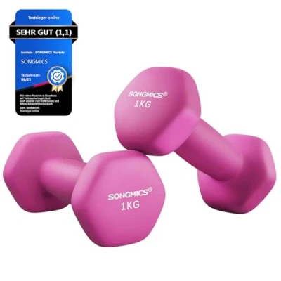 Abbildung von SONGMICS Hanteln, 2er Set, 2 x 1 kg, Hantelset, Kurzhanteln, Hexagon, Neopren Beschichtung, Krafttraining, Workout, Fitnesstraining, für Zuhause, rosa SYL902P01