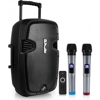 Abbildung von Pyle Musikbox Bluetooth Groß, 1000W Party Lautsprecher, Partybox, PA Anlage Komplettset inkl. 2 UHF Hand Mikrofonen &amp; Fernbedienung, Mobile Soundbox, USB, MP3, SD, RCA, Tragbarer Lautsprecher