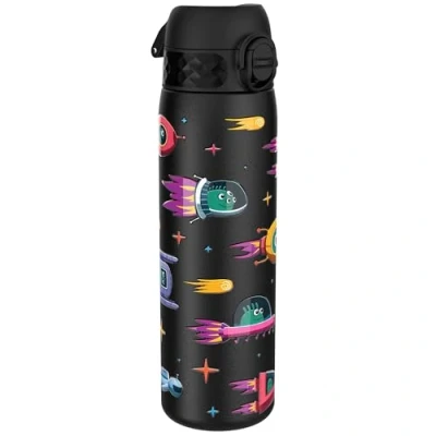 Abbildung von Ion8 Stahl Trinkflasche, 600 ml, Auslaufsicher, Einhandöffnung, Sichere Verriegelung, Spülmaschinenfest, Klappdeckel, Tragegriff, Leicht zu Reinigen, Langlebig, Raumschiffe Design