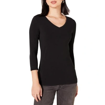 Abbildung von Amazon Essentials Damen T Shirt Mit V Ausschnitt Und 3/4 Ärmeln, Klassischer Schnitt (Erhältlich In Übergröße), Schwarz, XXL