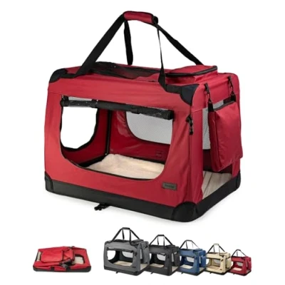Abbildung von lionto Hundetransportbox faltbar für Reise &amp; Auto, 70x52x50 cm, stabile Transportbox mit Tragegriffen Decke Katzen Hunde bis 15 kg, robuste Hundebox aus Stoff klein groß, dunkelrot