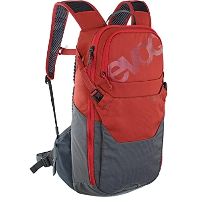 Abbildung von EVOC RIDE 12 Protektor Fahrradrucksack, Trekkingrucksack für Trails &amp; Alltag (cleveres Taschenmanagement, AIR PAD Rückenpolsterung, Helmhalterung, Backpack), Chili Rot / Carbon Grau