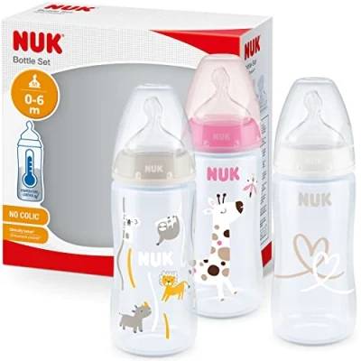 Abbildung von NUK First Choice+ Babyflasche im Set 06 Monate Temperature Control Anzeige 300 ml Anti Colic Ventil BPA frei Trinksauger aus Silikon 3 Stück rosa Giraffe