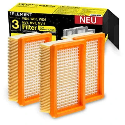 Abbildung von 3 Filter für Kärcher Staubsauger [WD4, WD5, WD6 / MV4, MV5, MV6] Flachfaltenfilter Allergiker gegen Feinstaub/Gerüche [WD 4 5 6 MV] von 1ELEMENT