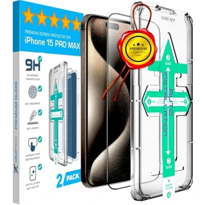 Abbildung von XeloTech Schutzglas für iPhone 15 Pro Max Schutzfolie aus hartem Premium Glas, 2 Stück, mit bewährter Schablone Installationshilfe, Panzerfolie (3D Ultra Transparent)