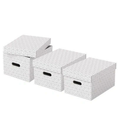 Abbildung von Esselte 3er Set mittelgroße Aufbewahrungs &amp; Geschenkboxen mit Deckel, Schachteln für Wohnung/Büro Organisationszwecke, 100% recycelter Karton, recycelbar, geometrische Designs, Weiß, 628282