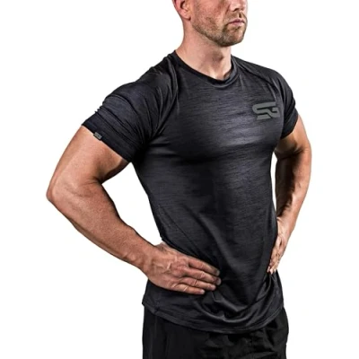 Abbildung von Satire Gym® Fitness Slim Fit T Shirt Herren Funktionelles &amp; schnell trocknendes Sportshirt Kurzarm als Bodybuilding Workout Gym (M, schwarz meliert)