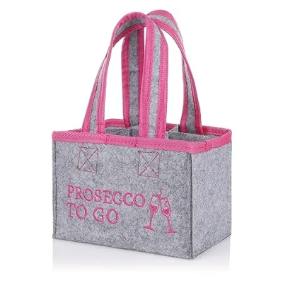 Abbildung von FunX Flaschentasche Prosecco to go Filztasche für 6 Flaschen Grau mit Trageschlaufen und Aufdruck Vielseitig einsetzbar 19x12x14 cm