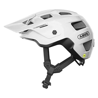 Abbildung von ABUS MTB Helm MoDrop MIPS robuster Fahrradhelm mit Aufprallschutz für Mountainbiker individuelle Passform Unisex Weiß Glänzend, Größe L (57 61 cm)