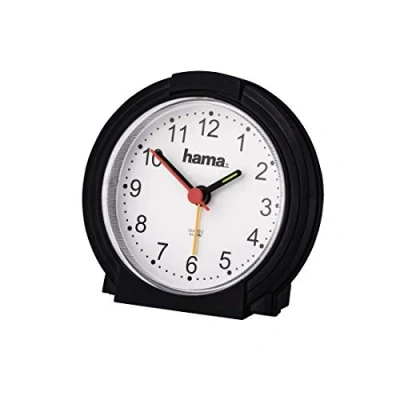 Abbildung von Hama analoger Wecker ohne Ticken (batteriebetriebene Uhr mit Alarmfunktion, Licht, fluoreszierender Stunden und Minutenzeiger, einstellbare Alarmzeit, 12,5 x 6,5 17 cm) schwarz