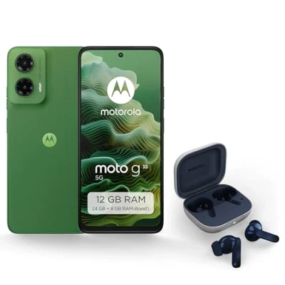 Abbildung von Motorola Moto g35 5G Smartphone (Robustes 6,72&quot; FHD+ Display Dank Gorilla Glass 3, 50 MP Kamera, 8/128 GB, ultrastarker 5000 mAh Akku, wasserabweisend) Leaf Green, inkl. Buds und Schutzcover