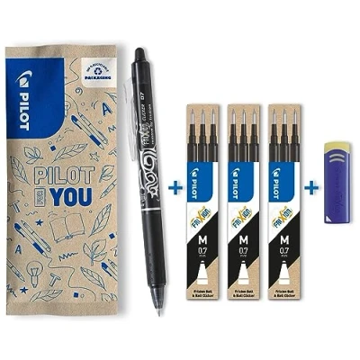 Abbildung von PILOT FriXion Clicker 0.7 1 Stift/9 Minen/1 Radierer Farbe Schwarz Radierbarer, nachfüllbarer Gel Tintenroller mit Druckmechanik und thermosensitiver Tinte, mittlere Spitze