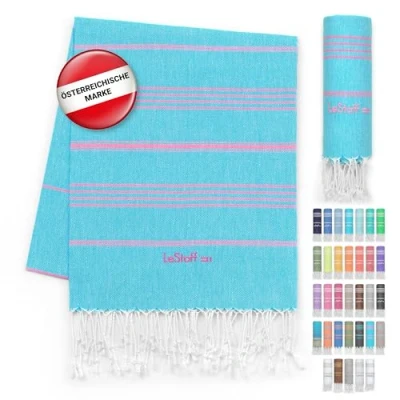 Abbildung von LeStoff Premium Hamamtuch 100% Bio Baumwolle Vorgewaschen, Nachhaltig, Saugstark &amp; Schnelltrocknend Strand, Bade, Dusch, Yoga, Spa Reise Tuch (95 x 180 cm, Aqua Pink)