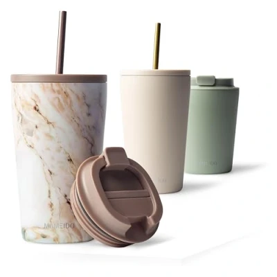 Abbildung von MAMEIDO Thermobecher mit Strohhalm 470ml &amp; 700ml Trinkbecher Deckel und aus Edelstahl doppelwandig isoliert, auslaufsicher Coffee to go Becher (Pearl Marble, 0,47l)