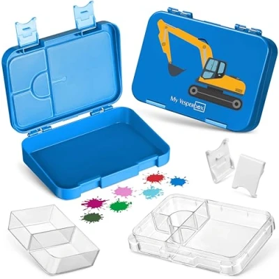 Abbildung von My Vesperbox Len Bento Box Kinder Lunchbox mit 4+2 Fächern extrem robust Brotdose Brotbox ideal für Kindergarten und Schule… (Blau Bagger)