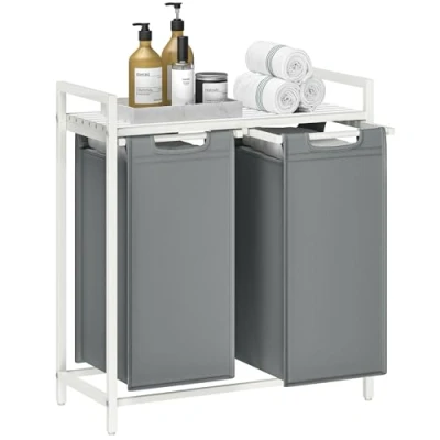 Abbildung von VASAGLE Wäschekorb 2 Fächer, Wäschesammler mit Ablage, Wäschebox, Wäschesack aus Oxford Gewebe ausziehbar abnehmbar, Metallrahmen, x 46 L, 73 33 72 cm, weiß hellgrau BLH201W11