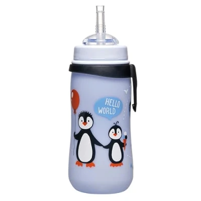 Abbildung von NIP Strohhalmbecher Straw Cup ab 1 Jahr, auslaufsichere Kindertrinkflasche mit Clip, Sauger und Trinkhalm einfach zu reinigen, leicht unzerbrechlich, Tiermotiv Pinguin, Blau