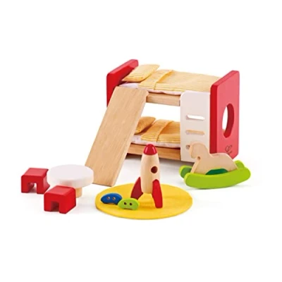 Abbildung von Hape Holz Kinderzimmer Möbel detailgetreues Puppenhaus Möbelset inklusive Stockbett, Tisch, Stühle und Rakete, Klein