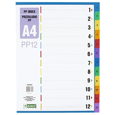Abbildung von D.RECT Register für A4, PP12, 12 Trennblätter, Ringbuchregister, Taben mit Zahlenaufdruck 1 12, Mehrfarbig, Farb Trenner aus PP, Polypropylen