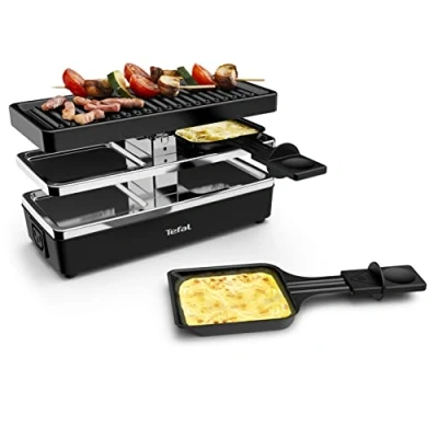 Abbildung von Tefal RE2308 Plug &amp; Share Raclette 400 Watt 2 Pfännchen + Grillplatte Ein /Ausschalter Antihaftbeschichtung erweiterbar auf 5 Geräte abnehmbare Kabel leichte Reinigung Schwarz/Silber