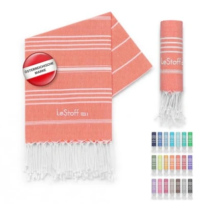 Abbildung von LeStoff Premium Hamamtuch 100% Bio Baumwolle Vorgewaschen, Nachhaltig, Saugstark &amp; Schnelltrocknend Strand, Bade, Dusch, Yoga, Spa Reise Tuch (50 x 100 cm, Coral(Salmon))