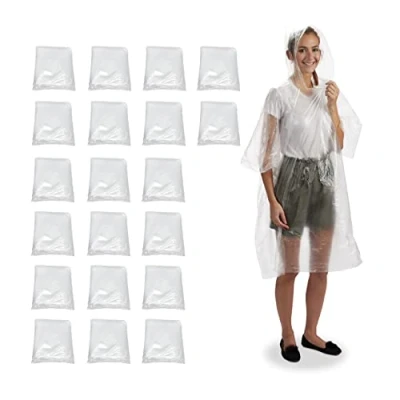 Abbildung von Relaxdays Regenponcho Einweg 20er Set, Einmal Regencape mit Kapuze, Erwachsene, Notfallponcho Damen, Herren, transparent
