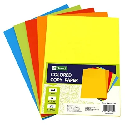 Abbildung von D.RECT Kopierpapier, Tonpapier, Bunt A4, Farbiges Druckerpapier, Mix von 5 Farben, für Tintenstrahl und Laserdrucker, 5x20 A4 Blättern 100 Blatt