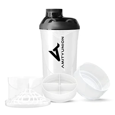 Abbildung von AMITYUNION Deluxe Shaker 700ml Premium Eiweiß auslaufsicher BPA frei mit Sieb, Skala für Protien Pulver, Fitness Becher Isolate, Sport Konzentrate 2 Containern in Weiß Schwarz Cup