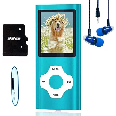 Abbildung von Hotechs MP3 Player/MP4 Player, Player mit 32 GB Speicherkarte, schlankes Design, digitales LCD Display, 4,6 cm (1,8 Zoll) FM Radio (Blau)