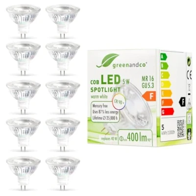 Abbildung von greenandco 10x CRI 90+ MR16 GU5.3 LED Spot, 5W 400 lm 38 3000K warmweiß COB 12V AC/DC, nicht dimmbar