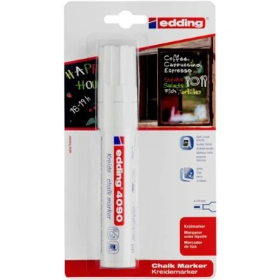 Abbildung von edding 4090 Kreidemarker weiß 1 Kreidestift Keilspitze 4 15 mm breiter für Tafel abwischbar zum Beschriften von Fenster, Glas, Spiegel Tafelstift mit deckenden Farben