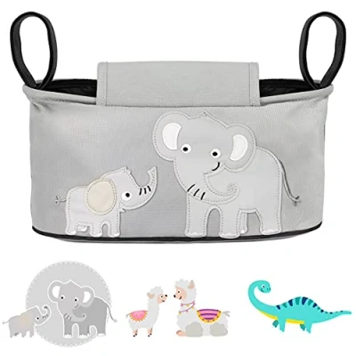 Abbildung von GLÜCKSWOLKE Kinderwagen Organizer 12 Motive, Kinderwagentasche verschließbar, Kinder Buggy Tasche mit Feuchttuchspender, Aufbewahrungstasche Pushchair Pram Baby Organiser (Emil Elefant, Grau)