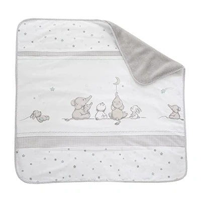 Abbildung von roba Babydecke Sternenzauber 80 x cm Baby Kuscheldecke mit Sternen &amp; Elefanten Motiv Kinderdecke aus weicher Baumwolle Weiß / Hellgrau