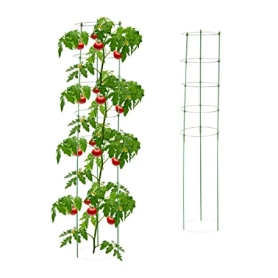 Abbildung von Relaxdays Rankhilfe, 2er Set, Tomatensäule für Garten &amp; Balkon, 150 cm, je 5 Ringe, Pflanzstäbe Eisen Kunststoff, grün