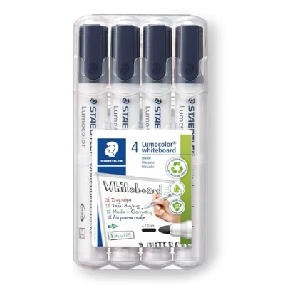 Abbildung von STAEDTLER Whiteboard Marker Lumocolor, Rundspitze ca. 2 mm Linienbreite, hohe Qualität, trocken und rückstandsfrei abwischbar von Whiteboards, Set mit 4 schwarzen Markern, 351 WP4 9X