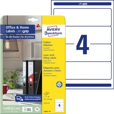 Abbildung von AVERY Zweckform L6061 10 Ordnerrücken Etiketten (40 Rückenschilder mit ultragrip, 59x192mm auf A4, breit/kurz, selbstklebend, absolut blickdicht, bedruckbare Ordneretiketten) Blatt, weiß