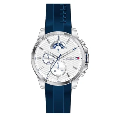 Abbildung von Tommy Hilfiger Analoge Multifunktionale Quarz Uhr für Herren 48 mm Weißes Zifferblatt, Blaues Silikonarmband, 3 Unterzifferblätter, Wasserdicht bis 5ATM 1791349
