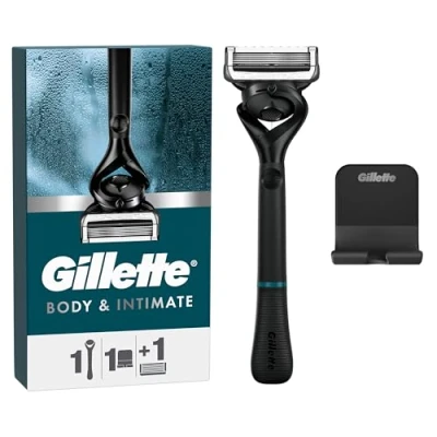 Abbildung von Gillette Body &amp; Intimate Nassrasierer Herren, Rasierer + 1 Rasierklinge, mit Duschaufhänger für einfache Aufbewahrung, Geschenk Männer