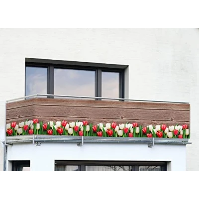 Abbildung von Maximex Balkon Sichtschutz, praktischer Sichtschutz mit Tulpen Motiv und hoher UV Witterungsbeständigkeit, schnelltrocknend reißfest, 5 m