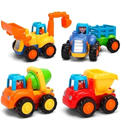 Abbildung von MOONTOY Baby Spielzeugauto Bagger Konstruktionsfahrzeuge Baufahrzeuge 4 in einem Set für Kinder, Traktor, Bulldozer, Kipper &amp; Zementmischer