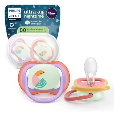 Abbildung von Philips Avent ultra air Nighttime Schnuller kiefergerecht geformtes Design, für Babys ab 18 Monaten, leuchtet im Dunkeln, extra fester, symmetrischer Silikonsauger, BPA frei, 2er Pack, SCF376/33