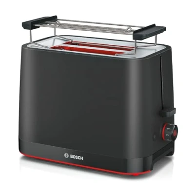 Abbildung von Bosch Kompakt Toaster MyMoment TAT3M123, entnehmbarer klappbarer Brötchenaufsatz, mit Auftaufunktion, Abschaltautomatik, Liftfunktion, Brotzentrierung, ideal für 2 Scheiben, 800 Watt, Schwarz matt