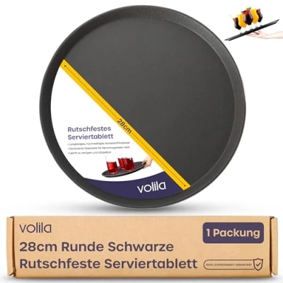 Abbildung von volila Schwarzes Rundtablett 28cm (1er Pack) Gummiertes rutschfestes Serviertablett für Speisen und Getränke Spülmaschinenfestes rundes Partys, Zuhause, Bars &amp; Restaurants