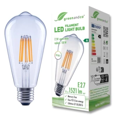 Abbildung von greenandco Glühfaden LED Lampe klar E27 ST64 7,2W 1521lm ersetzt 100W 3000K warmweiß 320 230V flimmerfrei Energieeffizienzklasse A nicht dimmbar