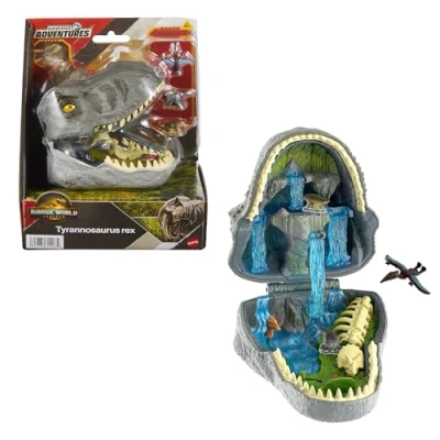 Abbildung von Mattel Jurassic World: Die Wiedergeburt, kleines Abenteuer Spielset, Spinosaurus Kopf öffnet sich, 4 interaktive Funktionen, 3 kleine Figuren, Dinosaurier Spielzeug, JGB97