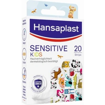 Abbildung von Hansaplast Kinderpflaster Sensitive (20 Strips), Wundpflaster mit niedlichen Tiermotiven zum Aufmuntern, schmerzlos zu entfernendes Pflaster Set