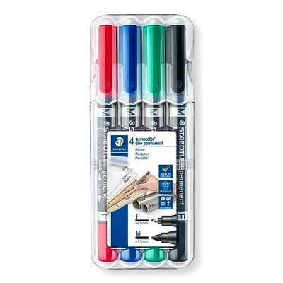 Abbildung von Staedtler Lumocolor duo 348 WP4 permanent marker, 4 Stück in aufstellbarer Box , Schwarz, Blau, Grün, Rot, 1 Packung